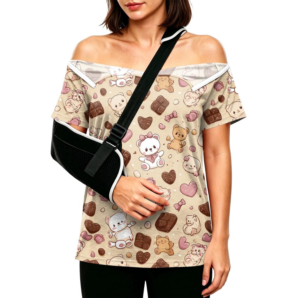 Post Surgery Women Short Sleeve Shirt Cartoon Animal Print Shoulder Zipper Side Velcro Closure Comfortable Fit Medical Recovery Top