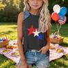 Girls Sleeveless Loose Fit Tank Top Round Neck T Shirt with Star Pattern Denim Patchwork Summer Casual Tee for Kids
