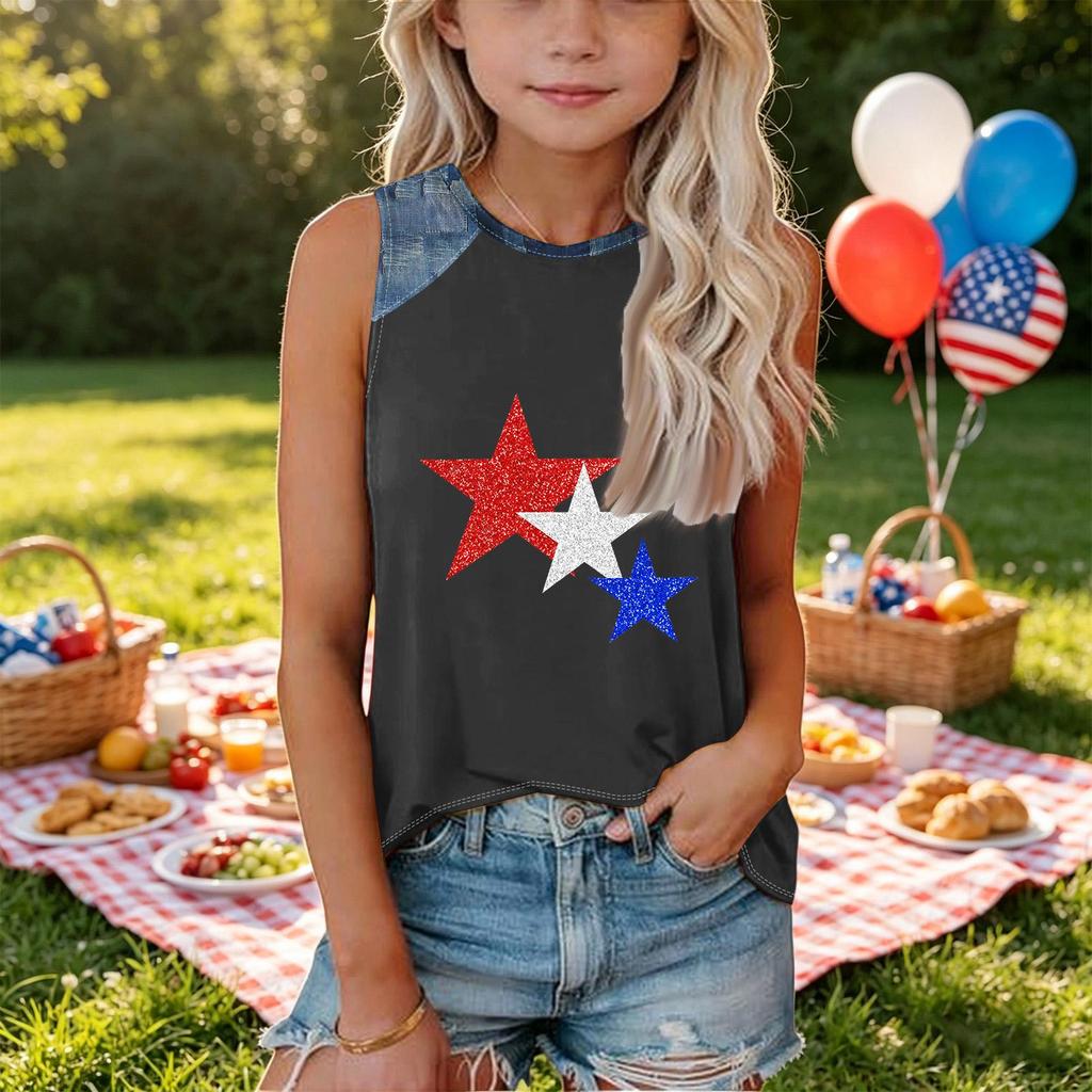 Girls Sleeveless Loose Fit Tank Top Round Neck T Shirt with Star Pattern Denim Patchwork Summer Casual Tee for Kids