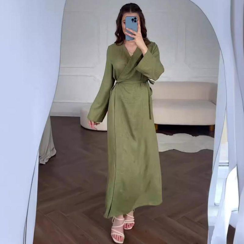 European and American Chinese Style Long sleeve dress 2025 Summer Cold Feeling Lace-up Waist Hugging V-neck Long dress