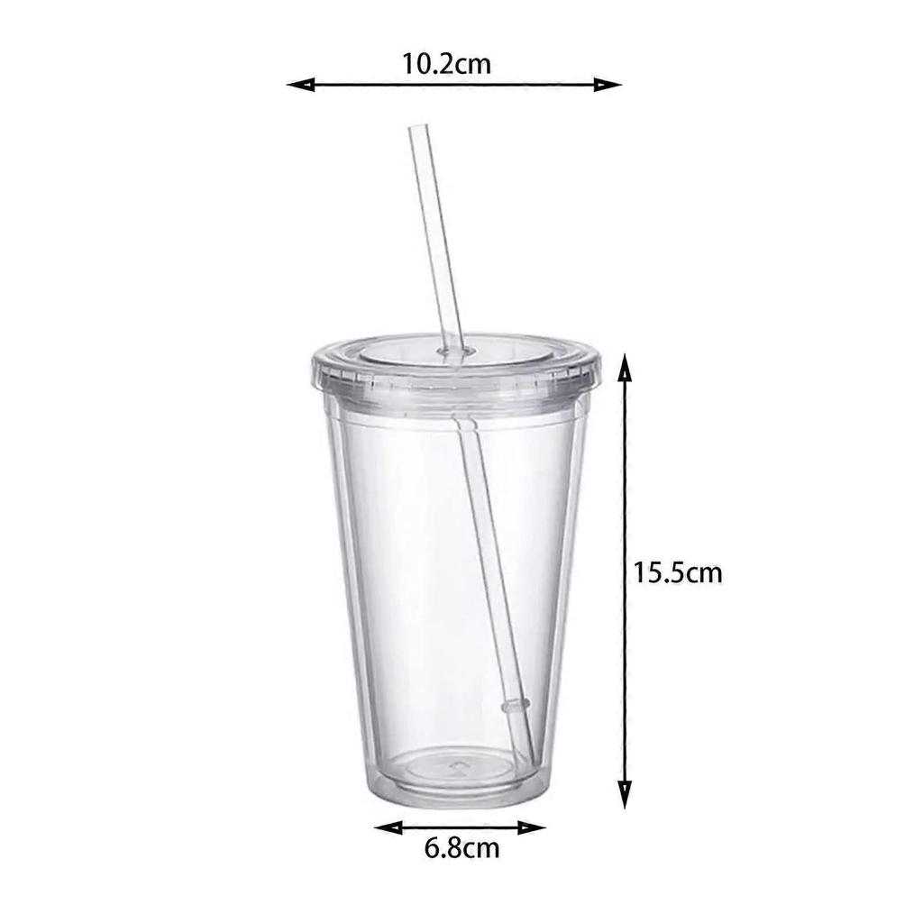 Reusable Plastic Cups, Double-Walled Transparent Drinking Cup with Straw, Reusable Cups, Suitable for Fruit Juice