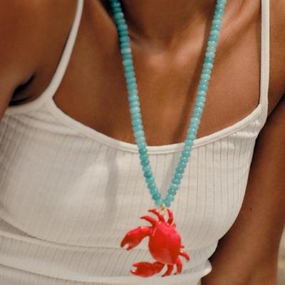 Collier Dessin Animé Perles Crabe Rouge Style Station Balnéaire