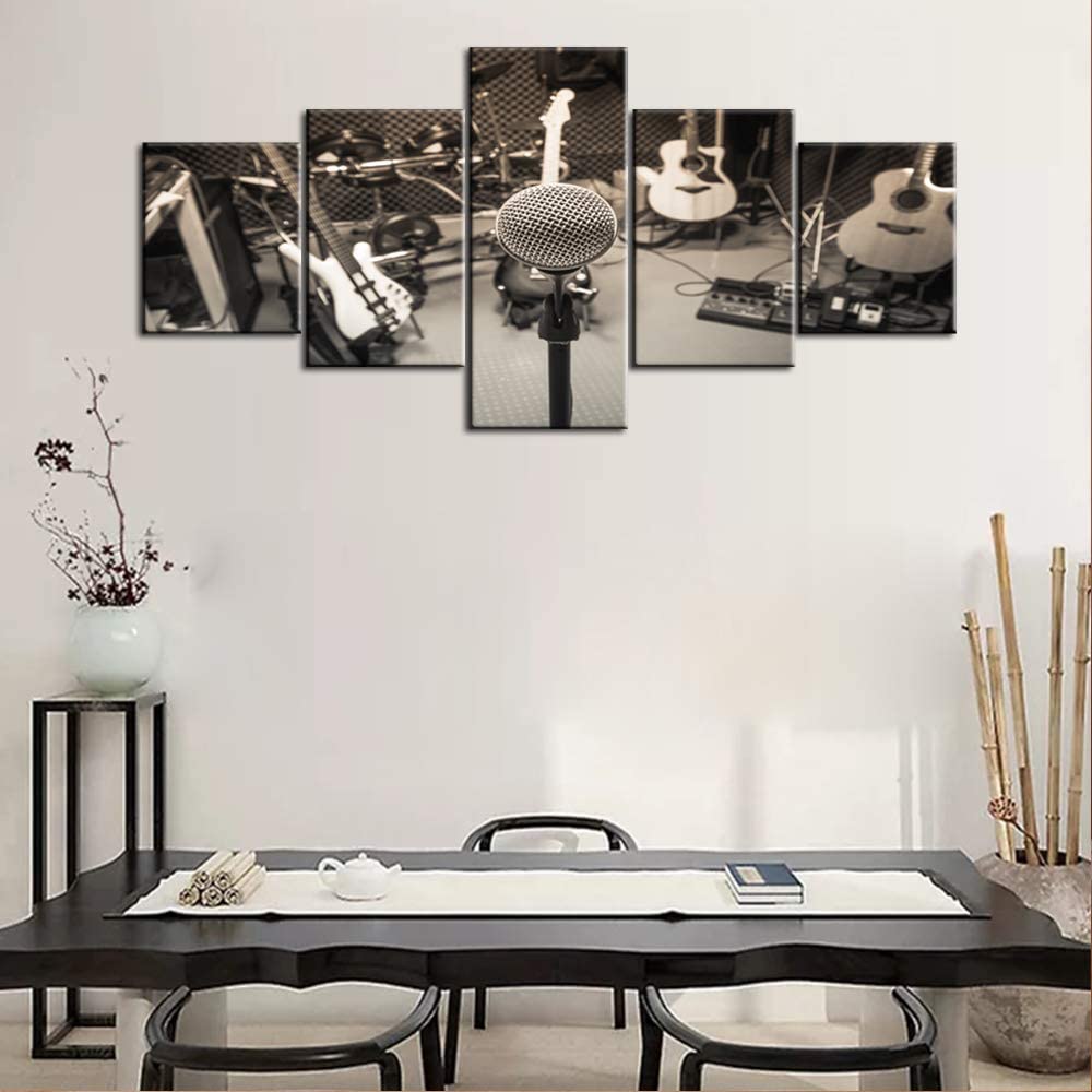 5Pcs Focus Microphone Blur Musical Equipment Guitar Lyric Drum Pia 5 Pieces Canvas Paintings HD Print Home Decor No Framed Wall