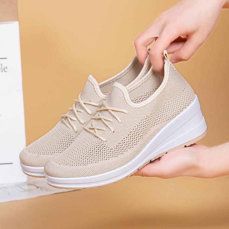 Spring Breathable Wedge Sneakers Women Mesh Knitted Platform Sports Shoes Woman Casual Non-Slip Lace Up Tennis Shoes Ladies