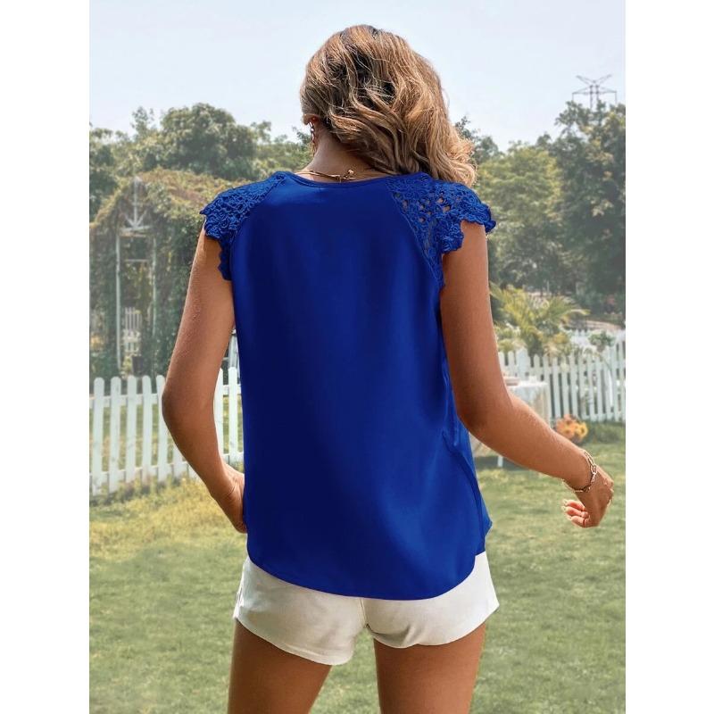 Women's Temperament V-neck Patchwork Lace Sleeve Vest Top for Women T-Shirts