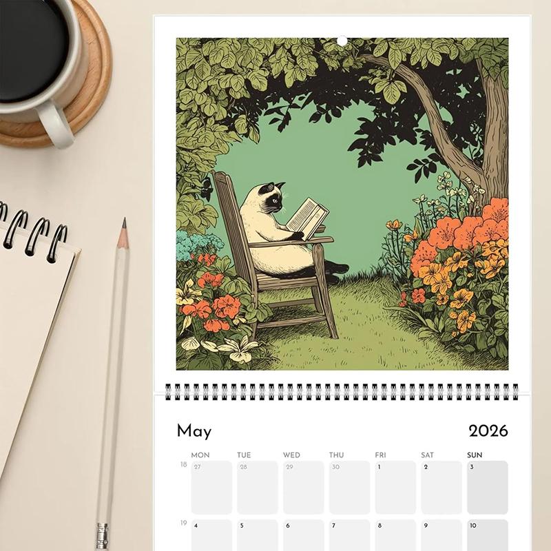 Cats Chillin' With Books 2026 Wall Calendar, Cat-Themed Monthly Planner, Cat-Themed Illustrations, Cat Themed Monthly Planner