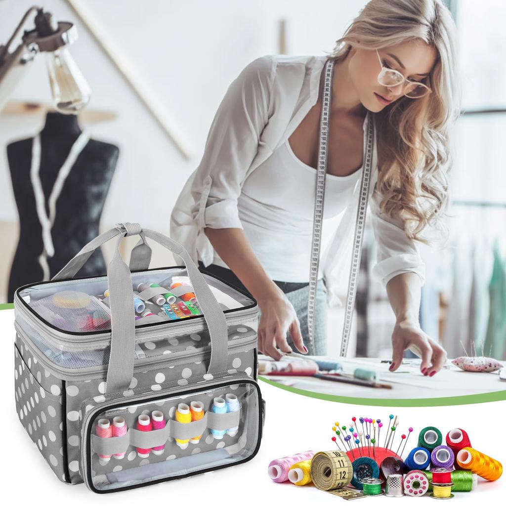 Luxja Sewing Large with Clear Compartment and Removable Perfect for Sewing Tool Storage and Bag Gray Dot Box/Sewing Bag, Double-Layered, Capacity,