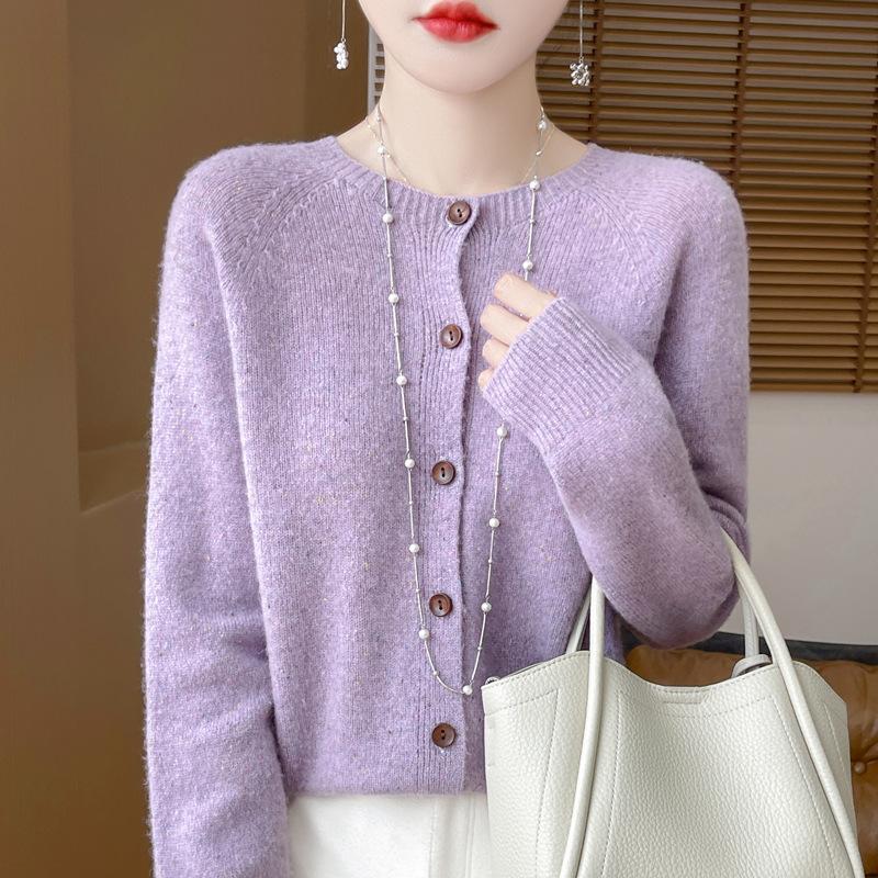 Spring and Autumn's New Wool Cardigan Women's Round-neck Sweater Coat