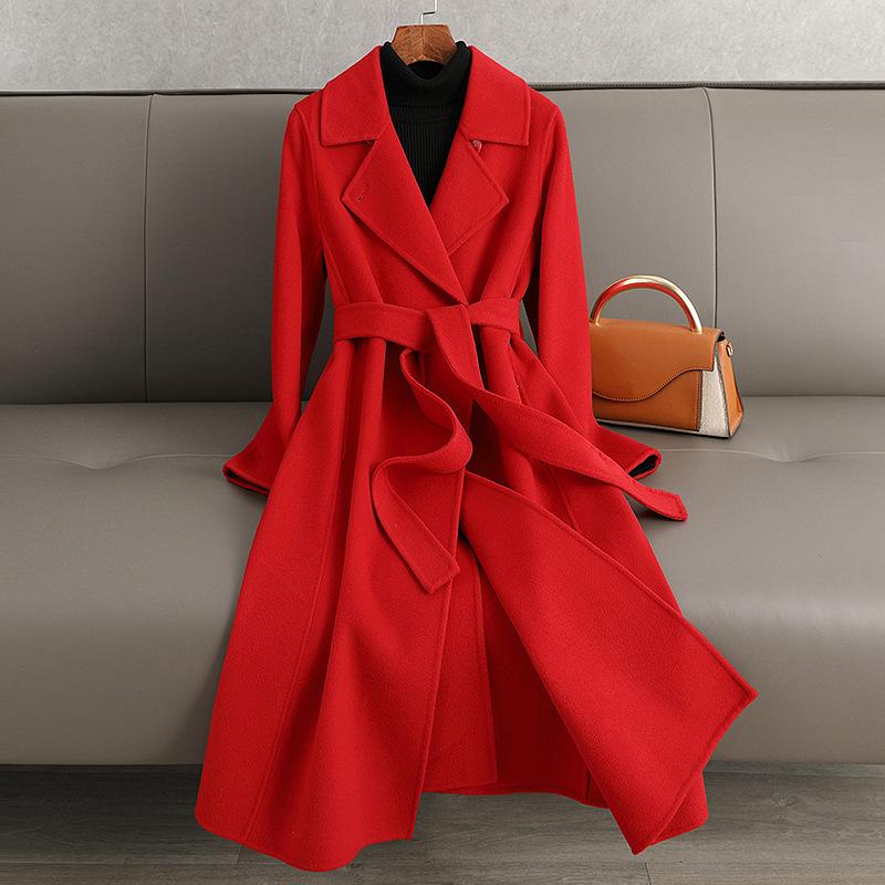 

Double-sided cashmere coat women s medium and long models, new slim-fitting and thin over-the-knee woolen coat, femininity, high-class sense S червоний