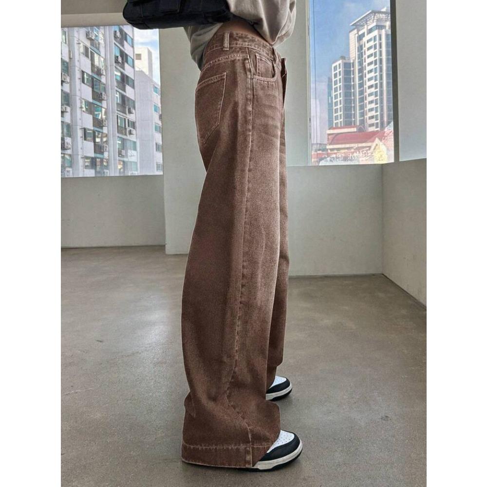 Jeans da Donna Vita Media Gamba Larga Vestibilità Ampia Dritti Vintage Denim Marrone Senza Elasticità Pantaloni Casual Autunnali