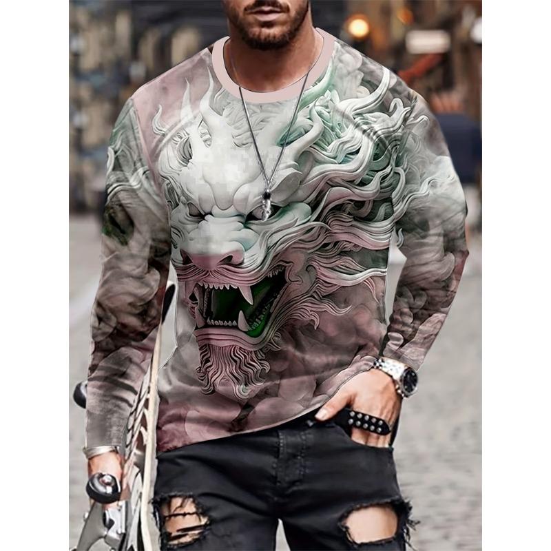 

Мужская винтажная футболка с длинным рукавом, осенняя свободная дышащая футболка с принтом льва, круглый вырез, повседневная модная одежда для мужчин, уличная одежда 5XL