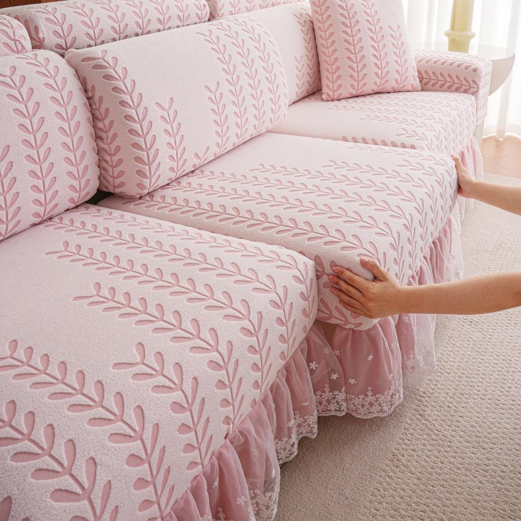 1Pc Wheat Jacquard Stretch Polar Fleece Sofa Cover With Lace Ruffle Hem Contrast Colour Sofa Slipcovers For Living Room Couch
