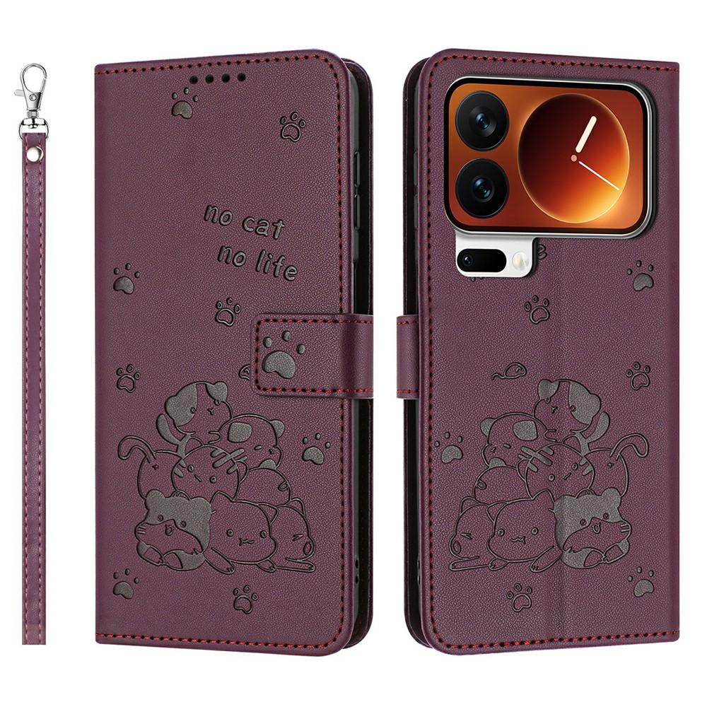 

For Xiaomi 17 Pro Wallet Case Cats Imprint Leather Phone Cover with Strap
