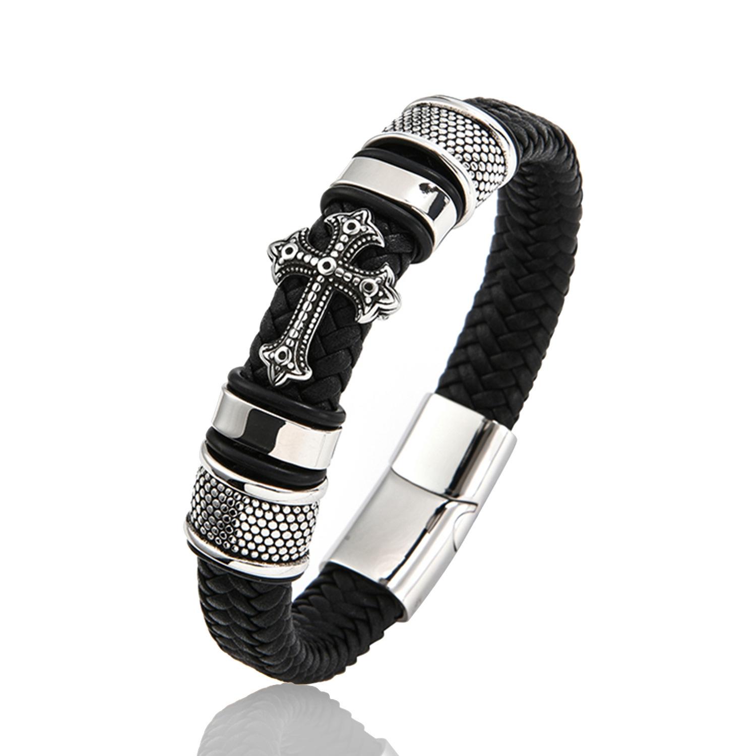 European and American Magnetic Buckle Woven Leather Bracelet Retro Cross Men s Bracelet 2026 19cm чёрный