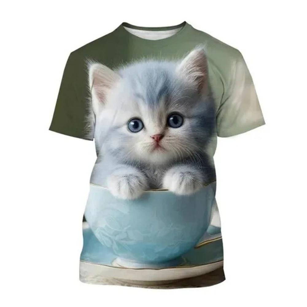 Fashion Korean Cute Cat Print Tees Children Girls Summer Clothes Kawaii Crew Neck