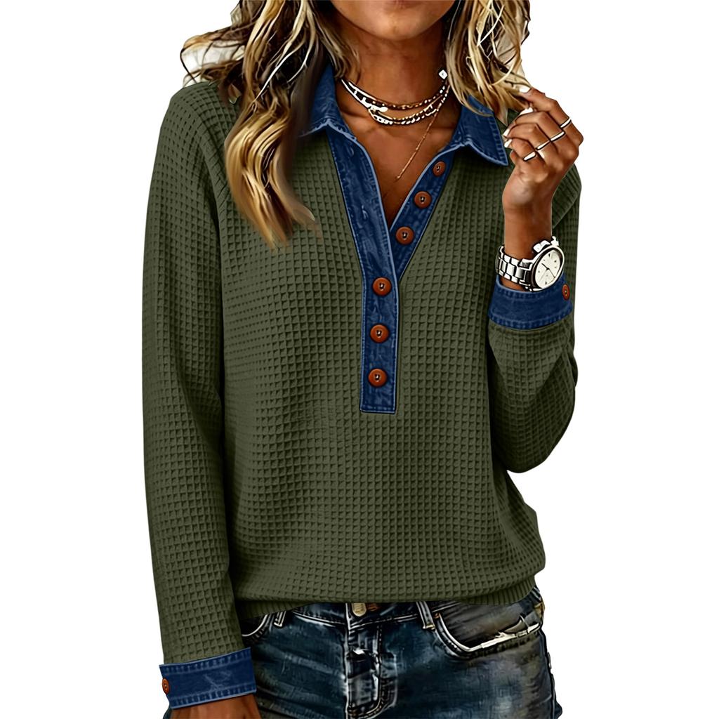 Damen Freizeit-Oberteil mit kurzen Ärmeln und Denim-Patchwork für den Alltag