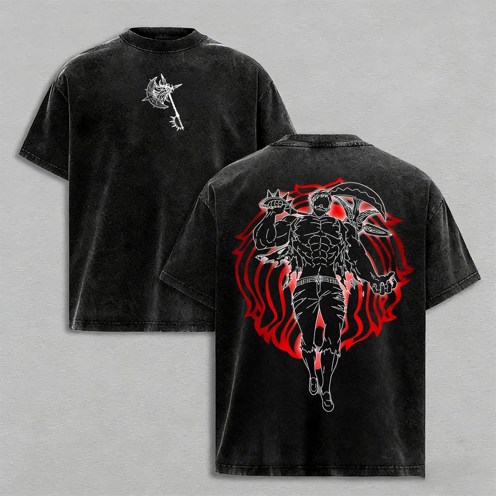 Anime-Liebhaber Sieben Todsünden Escanor Bedrucktes Unisex Gewaschenes Oversized T-Shirt Unisex Baumwolle Streetwear Kurzarm Unisex Kleidung
