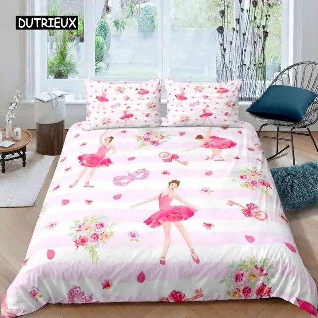 Ballet Dancer Duvet Cover Set Cartoon Dancer Girly Bedding Set Beauty Ballet Quilt Cover Twin Queen King Microfiber Bedclothes Three Piece Set