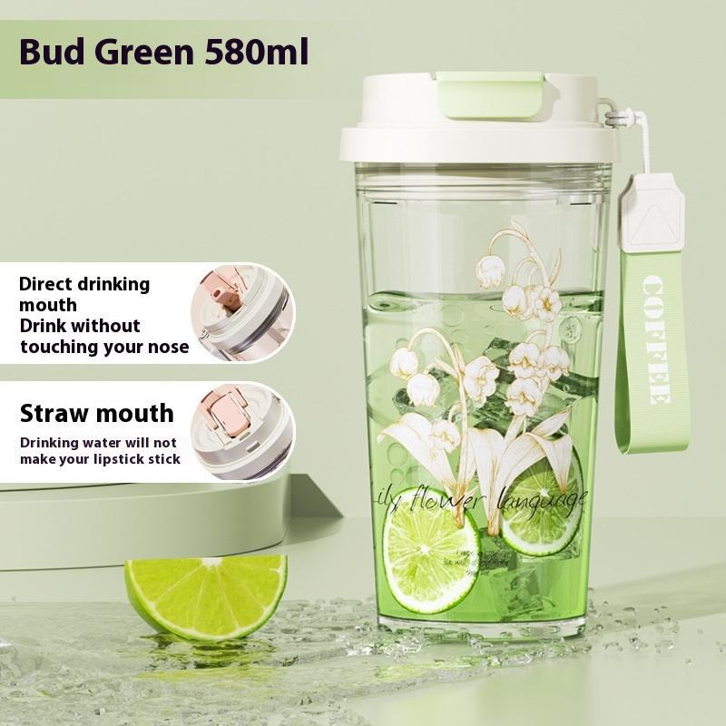 

Пластиковый стакан для воды с цветочным принтом, портативный, с трубочкой для повседневных занятий спортом, студенческий, большой емкости, с градуировкой 580ML зелёный