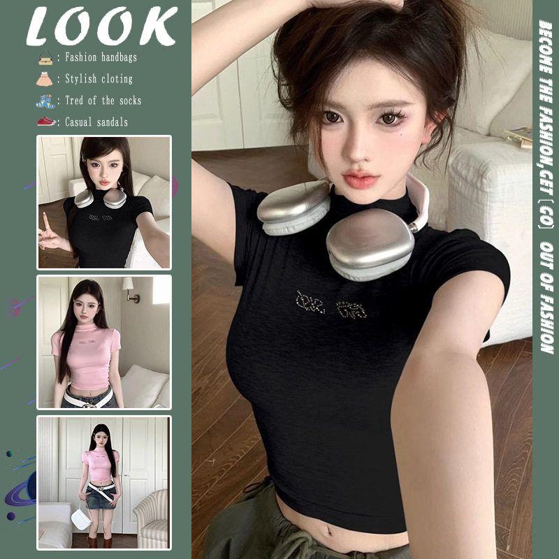 Style Rhinestone Elastic Short-Sleeve T-Shirt for Women, Half-High Collar, Slim Fit, Sweet and Spicy Style, Regular Shoulder, Slimming Short Top