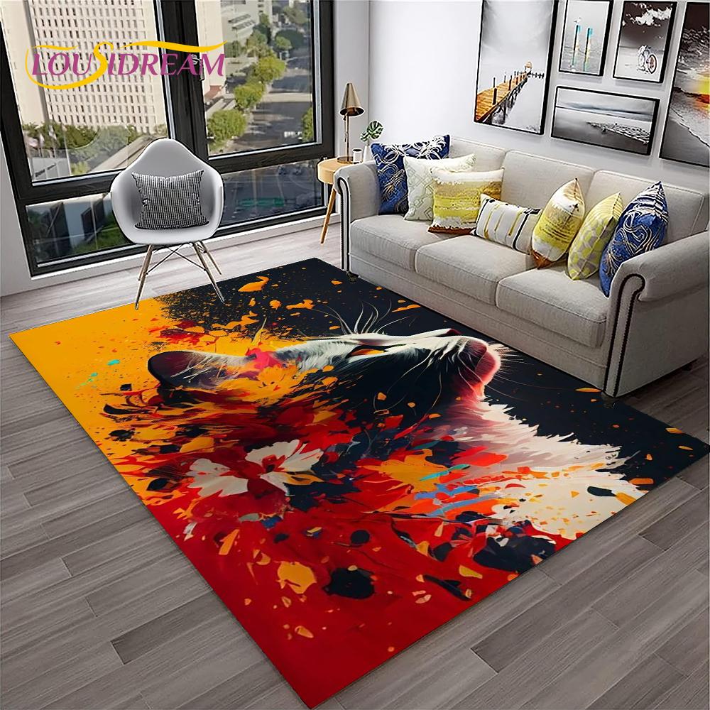 Covor de Cameră Drăguț cu Pisică și Flori Stil Desen Animat Pastoral pentru Casă Sufragerie Dormitor Canapea Preș de Intrare Decor, Covor pentru Joacă Copii Covor de Podea