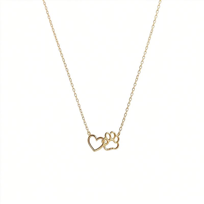 Dainty Heart and Pet Paw Hollow Gold Plated Brass Link Chain Pendant Necklace for Women Party Fashion Jewelry