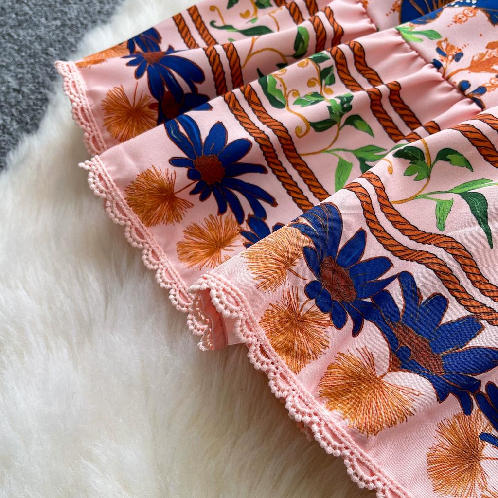 Summer Women Stand Collar Puff Sleeve Single Breasted Lace Patchwork Print Mini Short Party Dresses