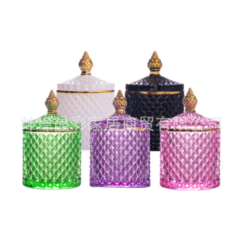 Stained Glass Storage Jar with Lid Snacks Candy Box Aromatherapy Candle Bottle Glass Container Jewelry Storage Jar Home Decor