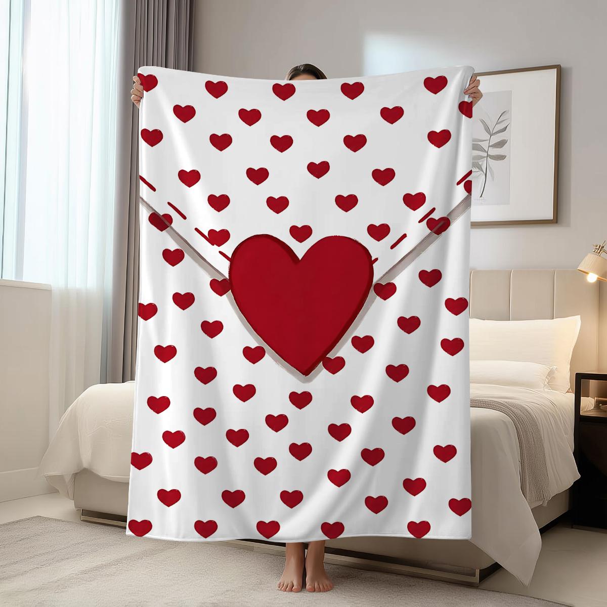 

1pc Valentine s Day blanket, ultra soft and comfortable nap blanket, romantic heart-shaped rose printed flannel shawl blanket 150x130cm