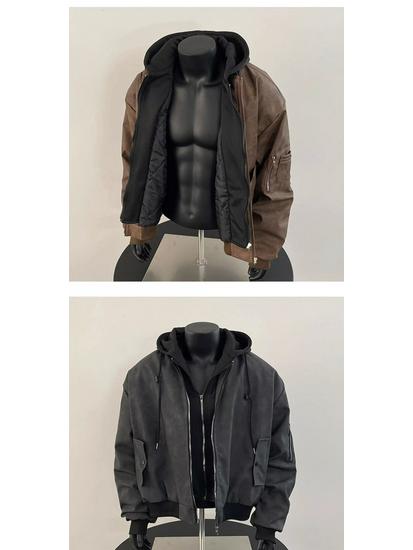 Stilvolle Herren-Kapuzenjacke aus gewaschenem PU-Leder - Robust, Fake-Zweiteiler-Silhouette, Maillard-Farbe.