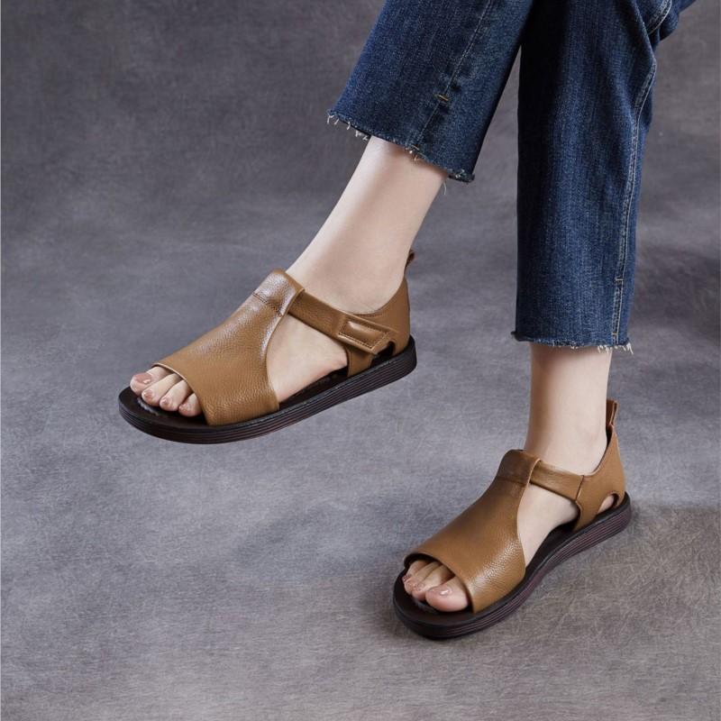 Johnature Retro Genuine Leather Peep Toe Flat Sandals Versatile Casual Soft Soled Beach Shoes