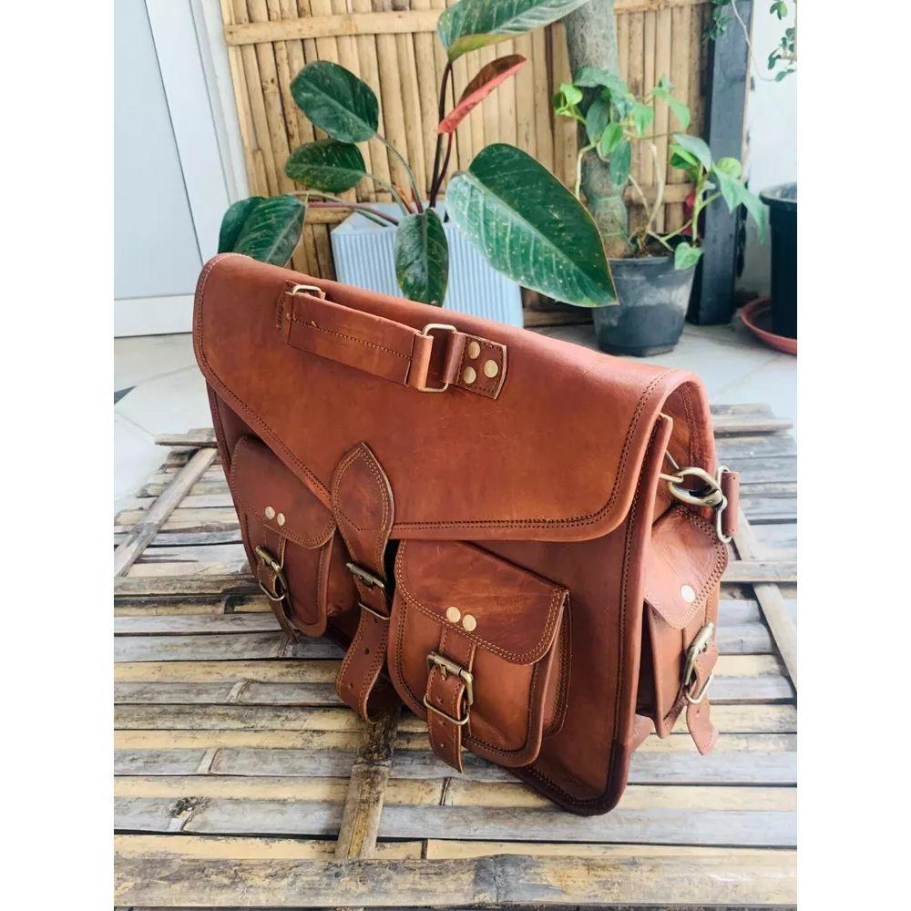 Large Real Goat Leather Vintage Brown Messenger Shoulder Bag  ( Free Sling Brown Bag Size -10 x 13 x 4 in )