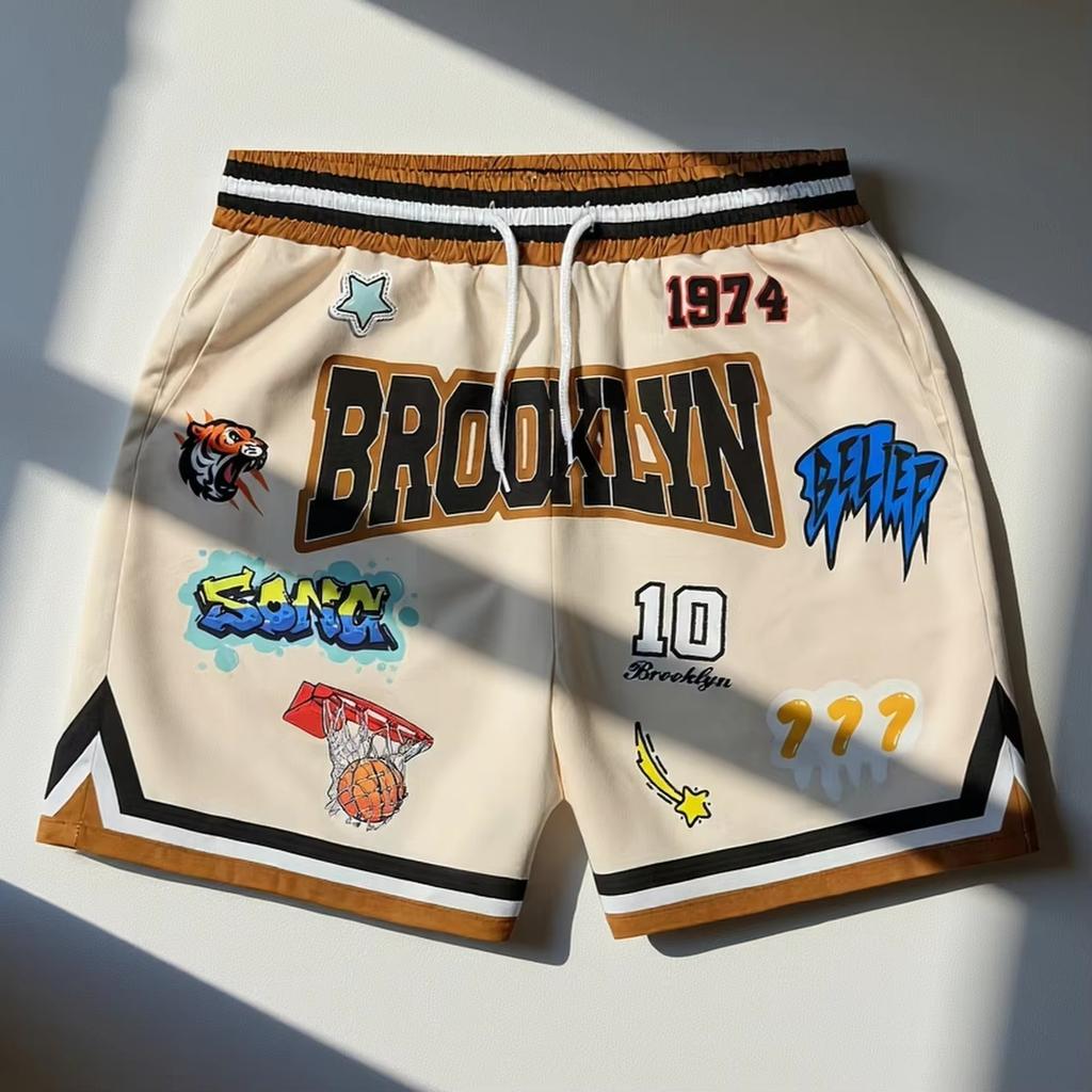 NEW Summer BROOK LYN Y2K Graphic Print Basketball Shorts Men's Casual Quick-dry Beach Shorts Comfy Relaxed-Fit Flexible Shorts