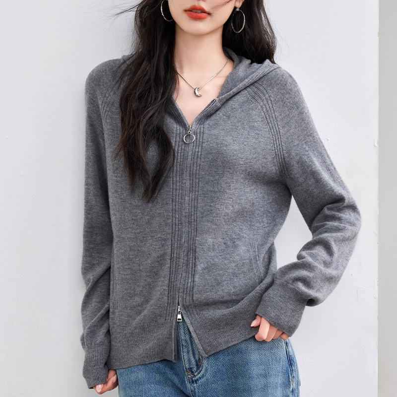 Gray Knitted Cardigan Jacket for Women In Autumn and Winter New Double Zipper Hooded Sweatshirt Casual Sports Hoodie