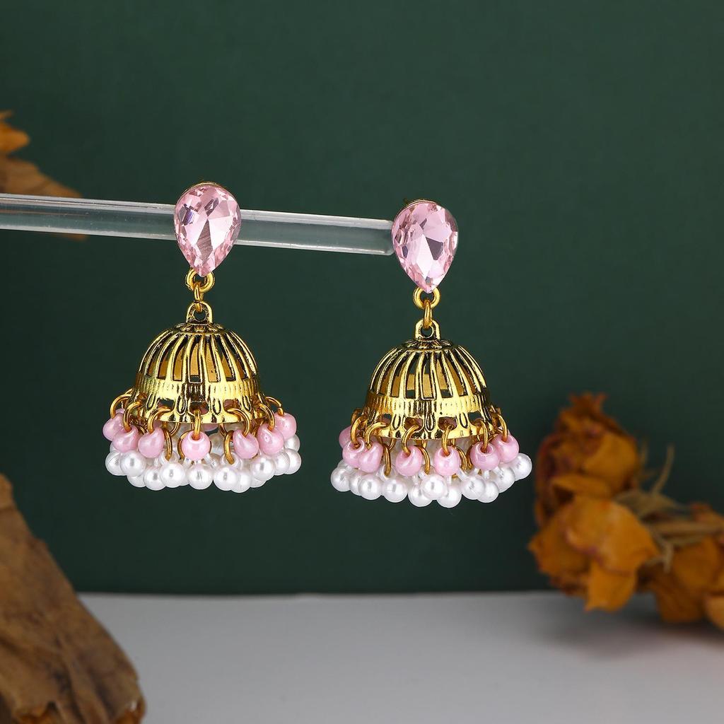 Bohemian Ethnic Gold Wind Chime Pendant Earrings with Rhinestone Accent