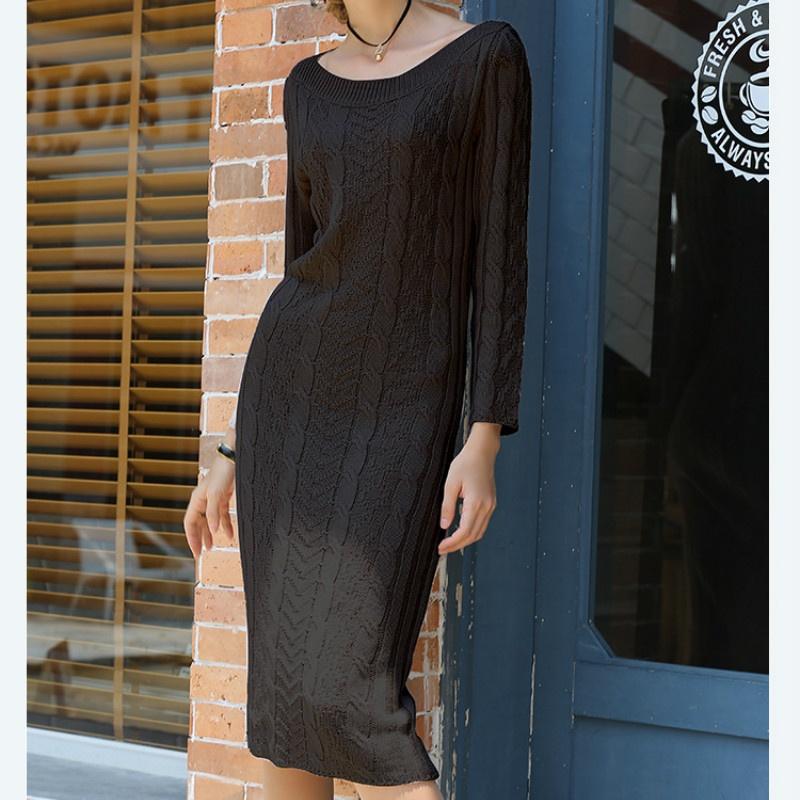 

Однотонный свитер с юбкой и воротником-стойкой, длинное трикотажное платье XL чёрный