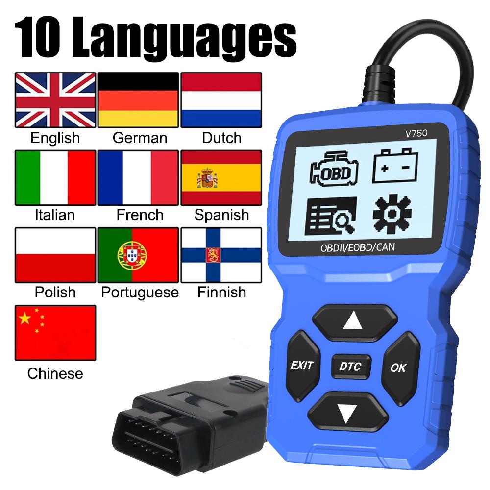 Instrument de diagnosticare auto în mai multe limbi Scaner OBD2 Cititor de coduri V750 Tester de baterie Citiți informații despre vehicul Verificați sistemul motorului