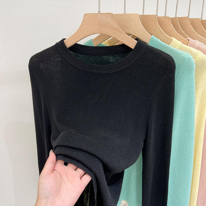 Women's Round Neck Long Sleeve Knit Top Slim Fit Solid Color Basic Thin Layering Shirt Elegant Casual Blouse