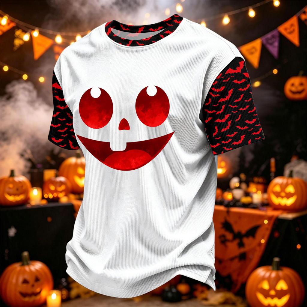 Men's Casual Corduroy Neck Short Sleeve T-Shirt with Halloween or Letter Print