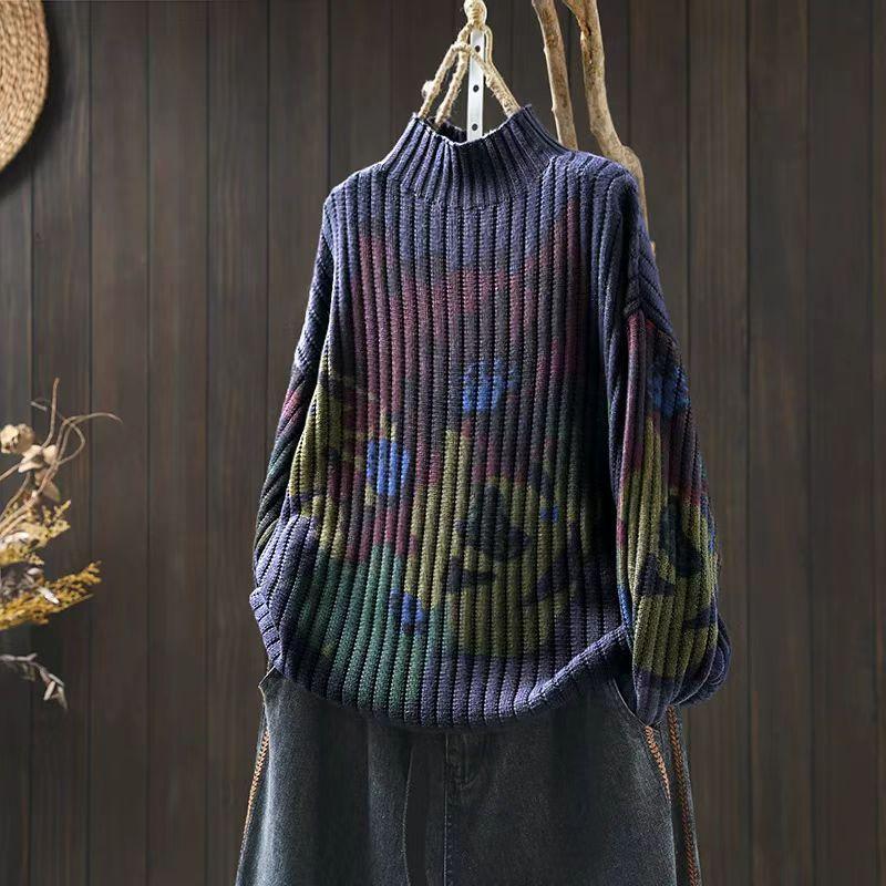 

Johnature Женские свитера-пуловеры с цветочным принтом Зимние вязаные повседневные женские свободные свитера One Size темно-синий