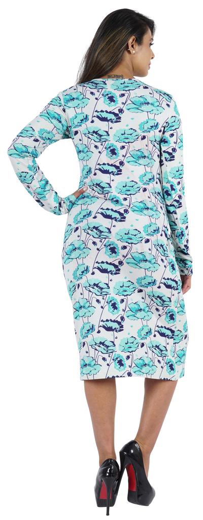 Bimba Printed Long Bodycon Dress With Pockets For Women Full Sleeves Dress Midi