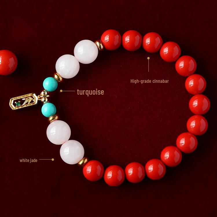 Genuine Cinnabar and White Jade Peace Bracelet - Natural Chinese Style Women's Gift
