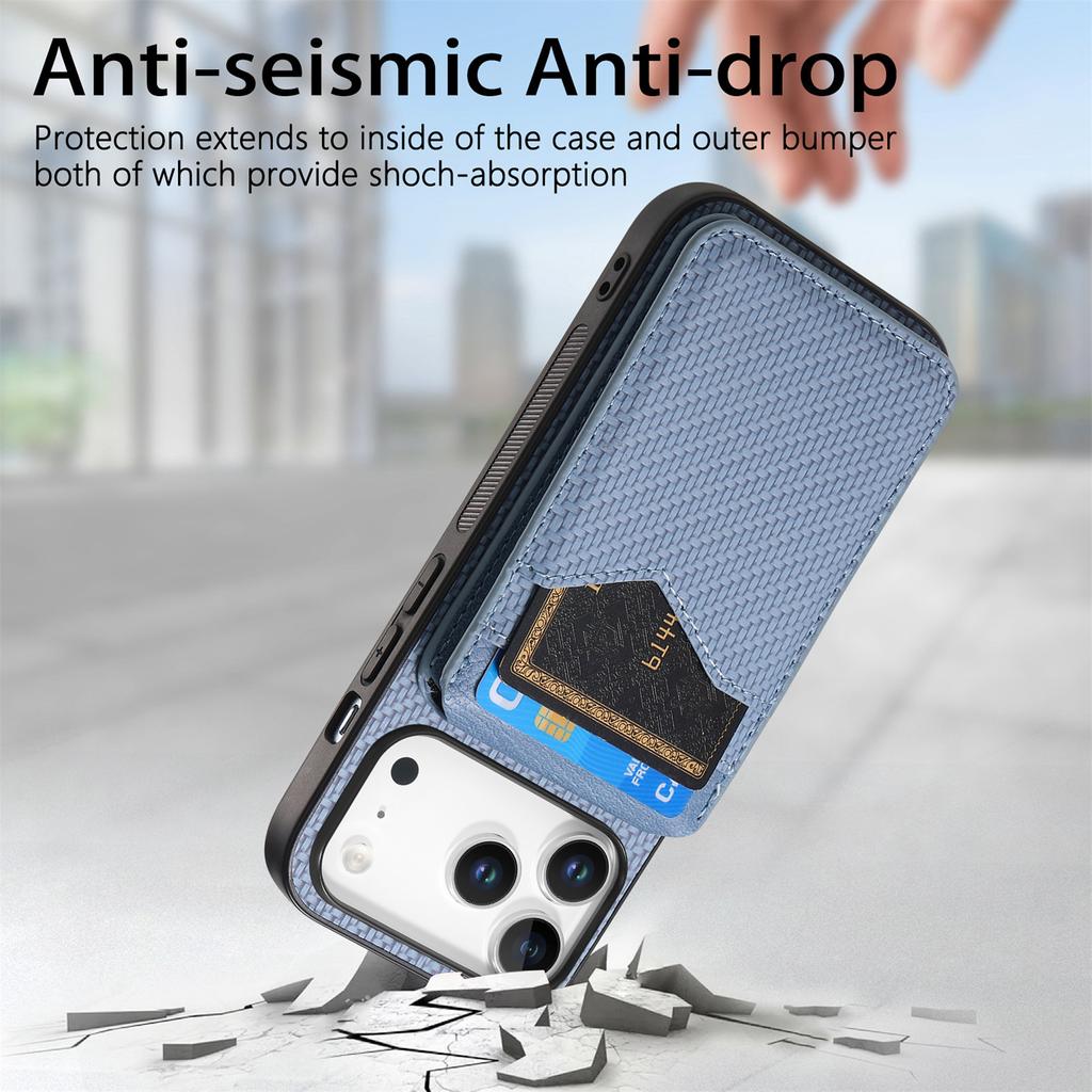 For iPhone 17 Pro Magnetic Case Carbon Fiber Texture Back Cover with Detachable Card Holder