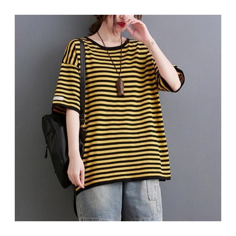 

Women s Clothing Cotton Striped T-Shirt Summer Short Sleeve Loose Fit Round Neck Elegant Casual Comfortable New 5XL жовтий