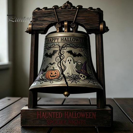 Housewarming Gift Ideas Vintage Halloween Wooden Bell Decor, Rustic Farmhouse Shelf Sitter with Artistic Photo Props Metal Wood Stand, Tabletop