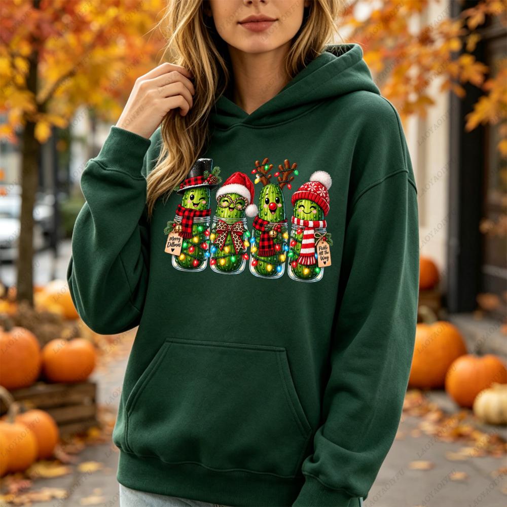 Christmas Pickle Family Funny Pickle Jar Xmas Graphic Hoodie Women Casual Long Sleeve Pullover Humorous Winter Clothes Women