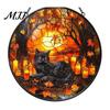 Tiffany Style Light Refraction Halloween Moon Black Cat Suncatcher Jigsaw Puzzle, 2D Acrylic Mystical Feline Window Hanging Puzzle Ornament