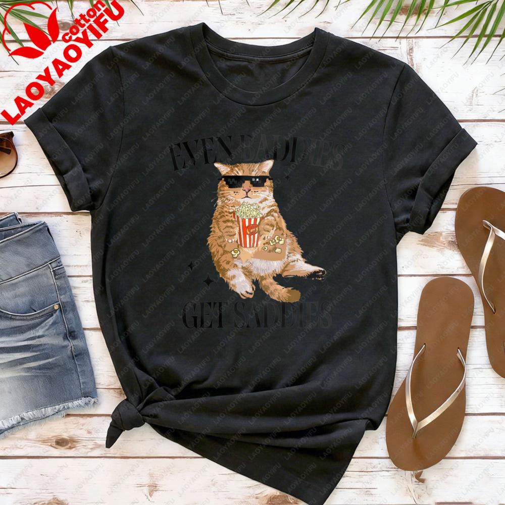 Even Baddies Get Saddies Cat Print Women TShirt Casual Summer Short Sleeve Cotton Fashion Top Cute Cartoon Cat Clothes S