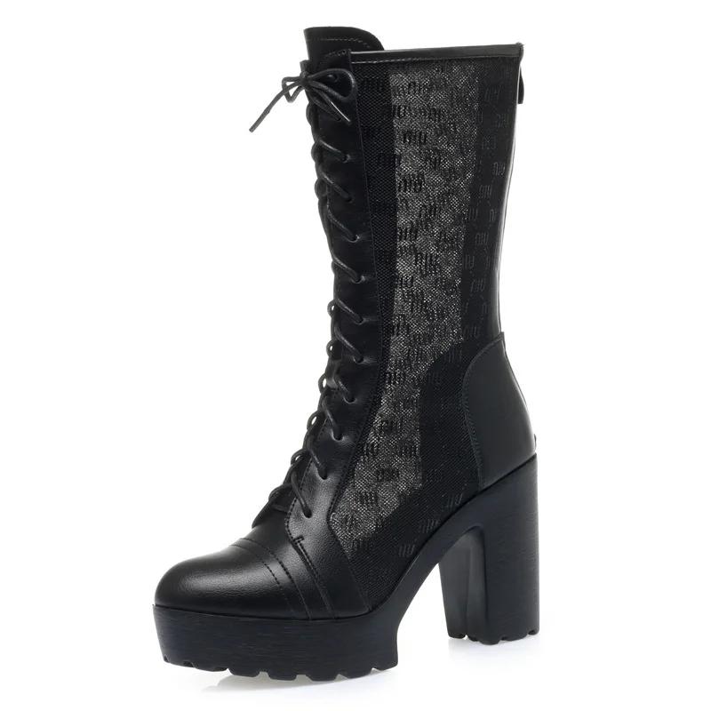 

Женские сетчатые модные черные сапоги на высоком каблуке и платформе, весна-лето, современные удобные мягкие кожаные сапоги на толстой подошве до середины голени 39