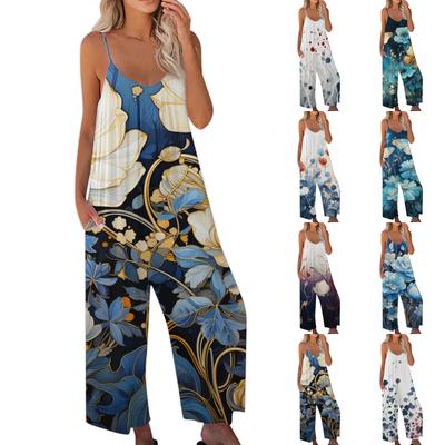 Women's Printed Jumpsuit Casual Loose Adjustable Suspender Jumpsuit